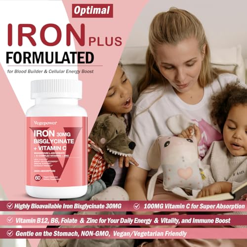 Iron Bisglycinate Supplement for Women & Men - 30mg Iron Pills with Vitamin C, B12, Folic Acid - Chelated Iron for Anemia, Health Blood - High Absorption, Gluten-Free, Non-GMO - 60 Vegan Caps