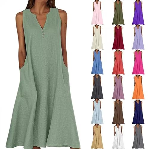 Sommerkleid Damen Lang,Ärmellose Maxikleid V-Ausschnitt Tankkleid Strandkleider Hohe Taille Lange Lockere Knielang Kleid Elastischer Taille Basic Solide Freizeitkleid T Shirt Tunikakleid mit Taschen