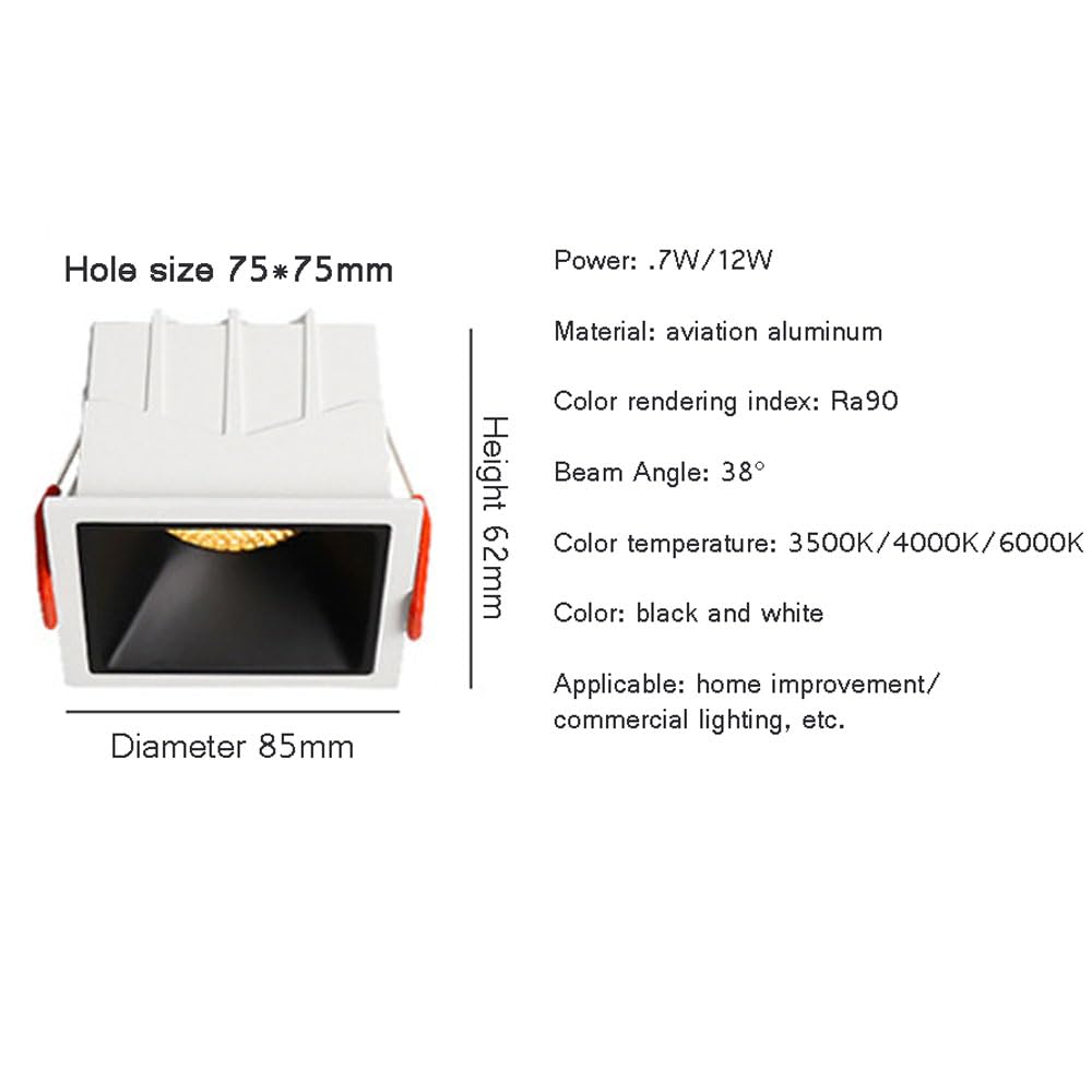 Faretto da Incasso antiriflesso da 3 Pollici con LED Incorporato, 3 Cct 3500K-6000K Opzionale, faretto da Incasso Quadrato a Nido d'Ape con LED, Decorazione a deflettore da 7W/12W/7W/3500K