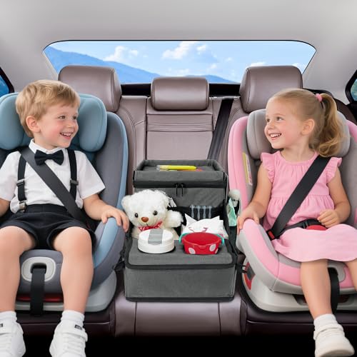 Image of Backseat Organizer for Kids & Adults - Car Seat Cooler Warmer with 2-in-1 Writing Tray, Cup Holders & 11 Storage Compartments | Road Trip Car Organizer for Front & Back Seat (Grey)