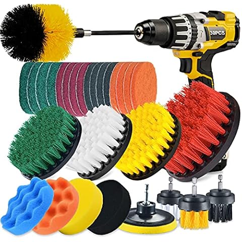 Shieldpro 30 Piece Drill Brush Attachment Set, All Purpose Power Clean Scrubber Brush, Scrub Pads & Sponge with Extend Long Attachment for Bathroom, Kitchen,Grout,Tub,Tile,Corners, Auto Cover