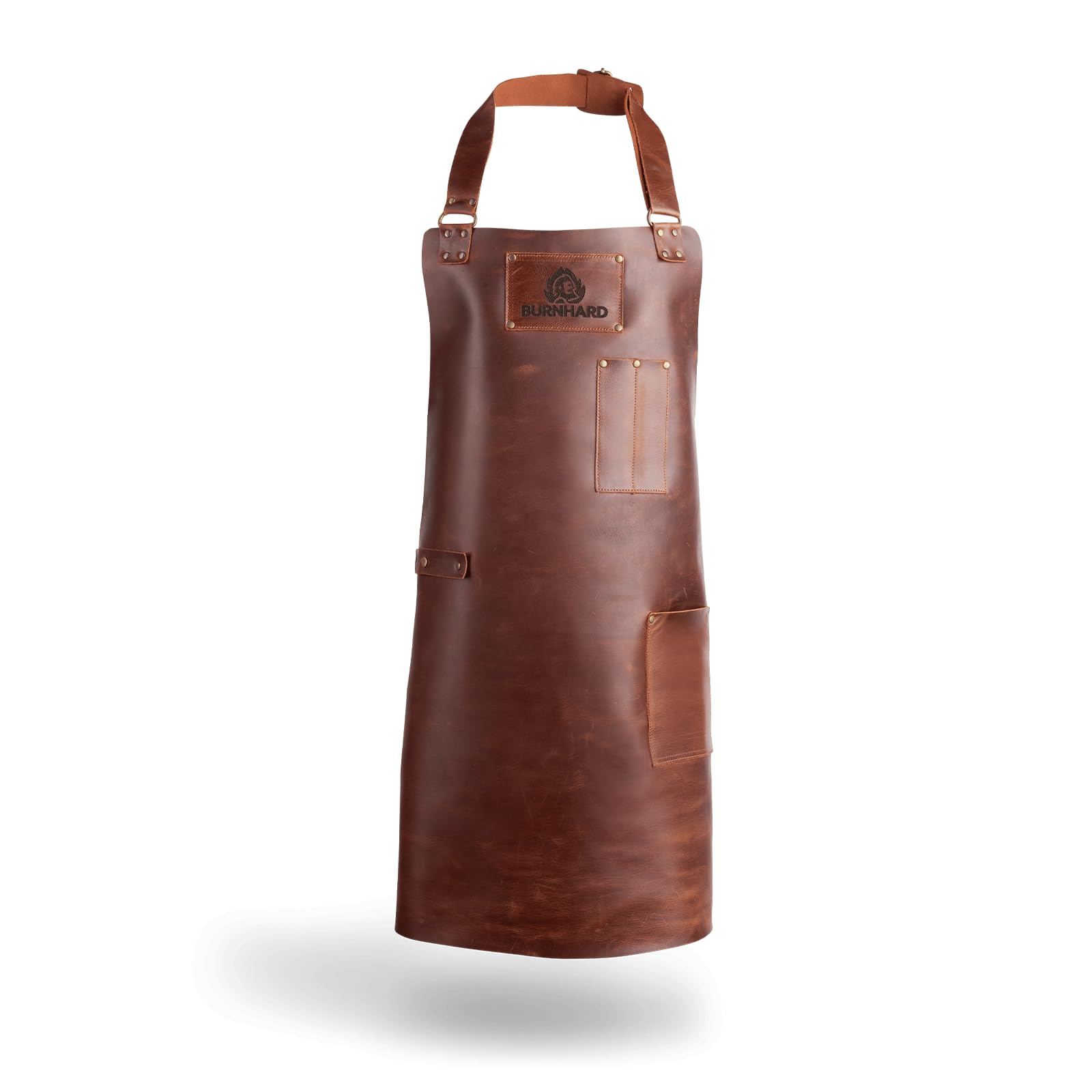 BURNHARD Delantal de cuero 100% piel de búfalo, hecho a mano, 2 bolsillos, correas laterales, acolchado de cuello, correa ajustable – Delantal Pro BBQ