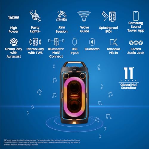 Image of Samsung with in-Built Battery | 12 Hours of Playtime | Party Lights + | Splashproof IPX4 | Waveguide | Jam Session | USB Input | 3.5mm Jack | 160 W Bluetooth Party Sound Tower (MX-ST40F /XL, Black)