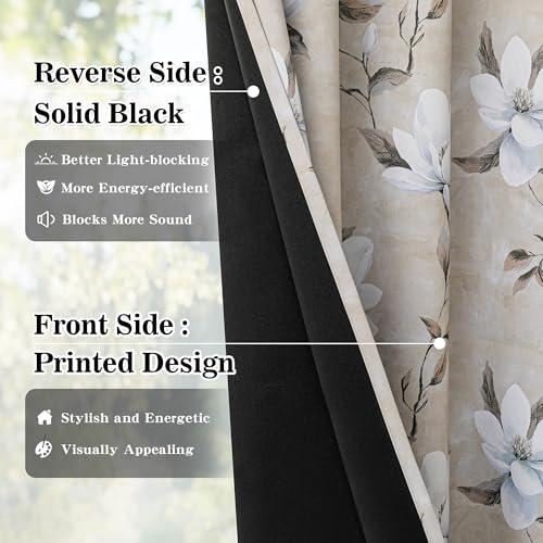 Image of MYSKY HOME Floral Boho Blackout Curtains 54 Inch Length 2 Panels Set Black Out Thermal Insulated Room Darkening Printed Flower Grommet Window Drapes Bedroom Living Room, Pack-2, 52 inchW Each Panel, Khaki