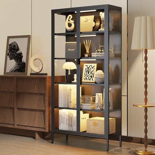 Eltean 71' H Display Cabinet with Glass Doors, 5 Tiers Curio Glass Display Cabinet with 3 Colors LED Sensor Light,Display Cabinets for Collectible with 4 Adjustable Shelves for Living Room,Bedroom