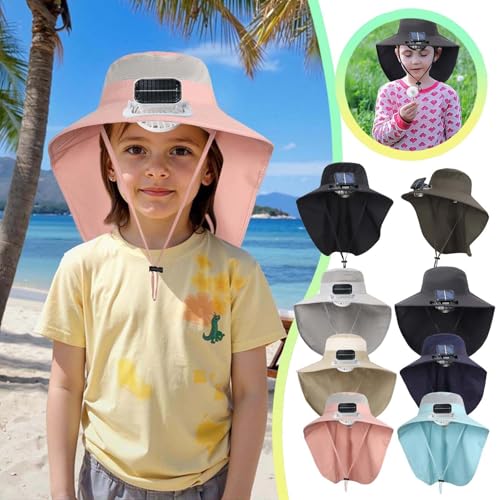 Kids Sun Hat with Solar Fan Wide Brim Hat Adjustable with Neck Flap UPF 50+ for Boys Girls Beach, Solar and USB Powered3