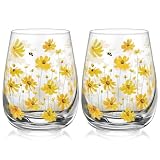 Funnymoom 2 Pcs Summer Floral Stemless Wine Glasses 17oz Yellow Flowers Bee Drinking Glass Wild Flower Tumbler Cups for Wedding Mother's Day Birthday Party Supplies Spring Baby Shower Decor