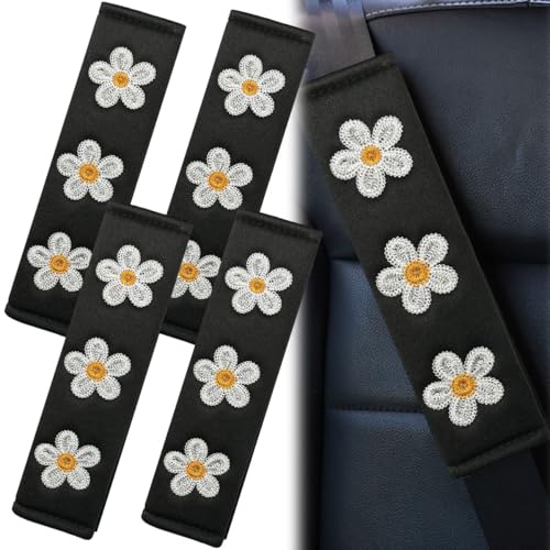 Image of 4PCS Daisy Flower Car Seat Belt Cover Pads, Protect Neck, White | Soft Breathable Auto Seat Shoulder Strap Pad, Comfortable Seatbelt Cushion, Vehicle Interior Decoration for Cars, Trucks