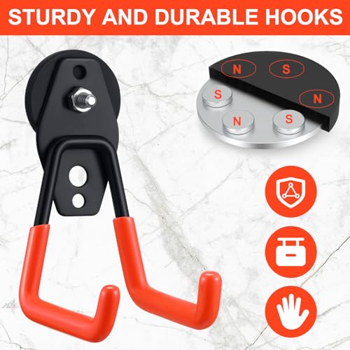 Image of Landhoow 6 Pcs Large Magnetic Hooks Heavy Duty Garage Magnet Hooks Strong Storage Utility Magnetic Hangers with Anti Slip Rubber Coating for Indoor and Outdoor Hanging (Orange)