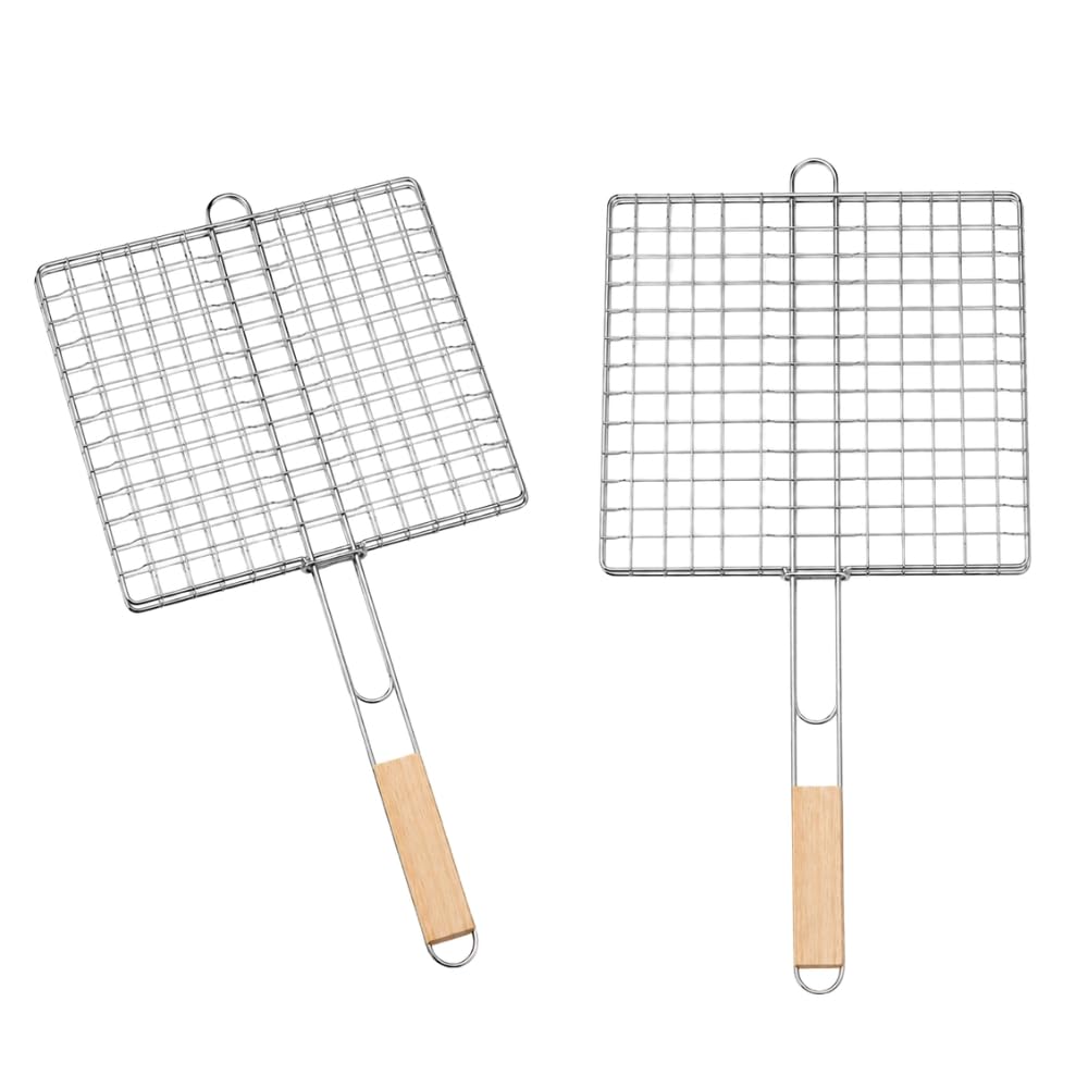 Double Grille Barbecue Carrée en Acier Chromé, 25x25 cm, Lot de 2, Manche Ergonomique, pour Viandes, Poissons et Légumes