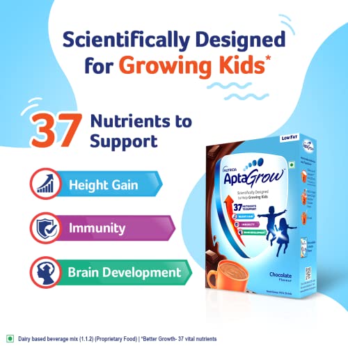 Image of AptaGrow Milk Drink Powder For Kid S Height Gain,Immunity & Brain Development,Nutritious & Tasty Chocolate Flavor,400 G|37 Nutrients|Prebiotics|Low Fat|Veg,1 Count,13 Servings