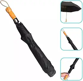 Guarda Chuva Automático Grande e Reforçado, Cabo de Madeira Ergonômico, Resistente ao Vento, Dobrável na Cor Preto