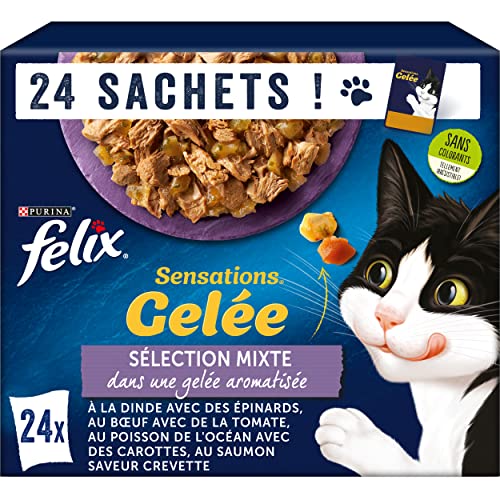 FELIX | SENSATIONS | Chat Adulte | Selection Mixte en Gelée : au Bœuf, Dinde, Poisson de l'Océan, Saumon | Aliment humide 100% complet et équilibré |...