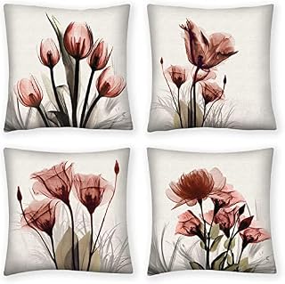QUALKNOY Set of 4 Cushion Covers 18"x18" Red Flower Linen Modern Art Decorative Throw Pillow cases 45 x 45cm for Living Room Sofa Outdoor Pillowcases