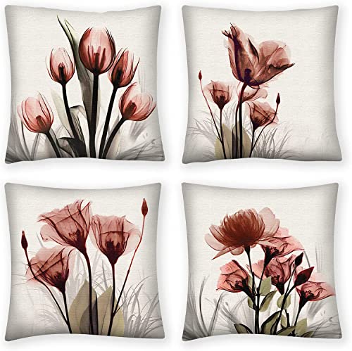 QUALKNOY Set of 4 Cushion Covers 18"x18" Red Flower Linen Modern Art Decorative Throw Pillow cases 45 x 45cm for Living Room Sofa Outdoor Pillowcases