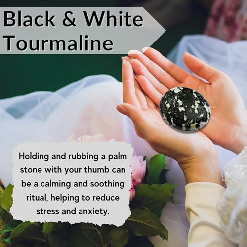 Image of Amazing Gemstone Black and White Tourmaline Crystals and Healing Stones - Large Palm Stone Crystals Piedra - Crystal for Good Luck, Positive Energy, Meditation - Unique Stocking Stuffers, Gifts Women