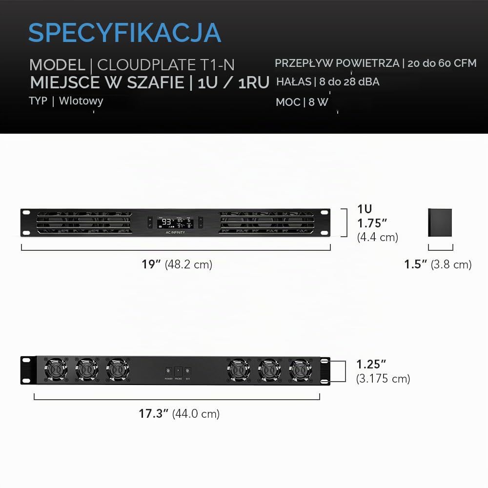 AC Infinity CLOUDPLATE T1-N, 19-calowy wentylator stelażowy 1U, nawiew do chłodzenia urządzeń AV, kina domowego, urządzeń sieciowych, serwerów i urządzeń IT