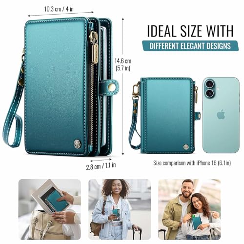Image of Passport Wallet with AirTag Holder, RFID Blocking Passport Holder for Travel Family, PU Leather Document Organizer with 11 Card Slots & Wrist Strap, Green
