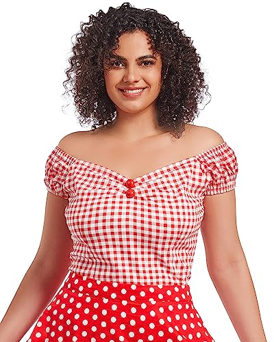 Image of YARN & INK Women's Rockabilly Tops 1950s Pinup Shirt Casual Off Shoulder Vintage Blouse