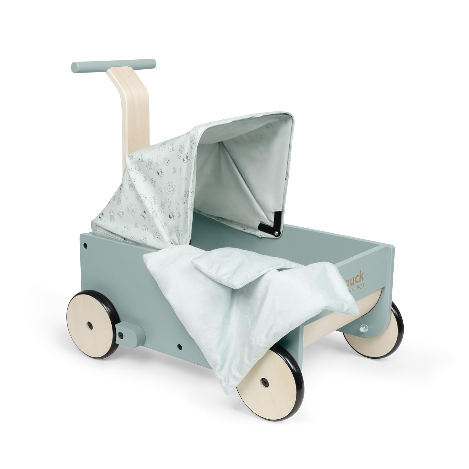 Hauck Learn to Walk Dolls - 2in1 Puppenwagen & Lauflernwagen aus Holz für Kinder ab 12 Monaten inklusive Bettzeug mit Bremssystem, Gummierten Holzrädern, Höhenverstellbarer Griff & Klappbares Verdeck