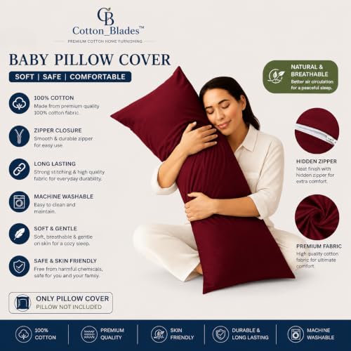 Image of 100% Cotton 600 TC Body Pillow Cover - Ultra Soft & Breathable Long Pillowcase | Zipper Closure | 20 inchx54 inch | Grey (Burgundy)