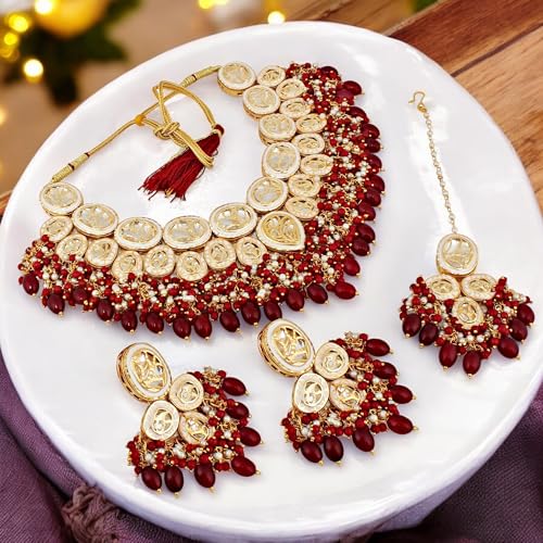 Image of Lucky Jewellery Back Meenakari 18k Gold Plated Set with Earring and Mang Tika Combo Uncut Big Faux Kundan Choker Necklace set (2415-J5SK-1815-PARENT)