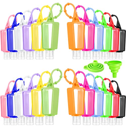 24 Pieces 30 ml/ 1 oz Empty Silicone Travel Bottles Portable Plastic Clear Bottles with Silicone Sleeve Travel Size Bottles Leak-proof Refillable Empty Bottle Flip Cap Container and 2 Silicone Funnels