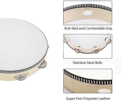 Miniatura 4 de Pandereta instrumento musical para adultos, panderetas de mano de 10 pulgadas tambor de madera con jingles de metal, instrumentos de percusión para