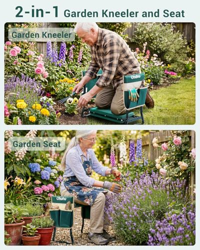 Image of Ohuhu Garden Kneeler and Seat Heavy Duty, Upgraded Gardening Stool with Thicker Wider EVA Foam Kneeling Pad Foldable Garden Bench with 2 Large Tools Pouches, Gardening Gifts for Women Mom Men Seniors