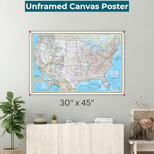 Image of National Geographic Classic United States Map Poster with Pins - Personalized Canvas Travel Tracker Map - Large 30 inch x 45 inch