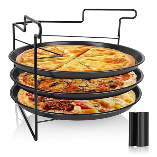 SIMTWO Pizza Tray Set of 3 with Folding Rack, Non-Stick Pizza Pans for Oven, 11inch/28cm Round Pizza Baking Tray