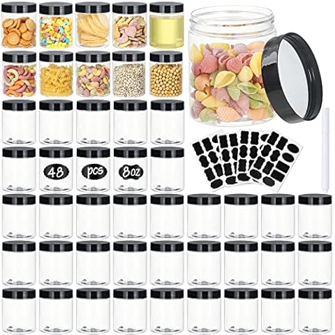 Jars with Lids, 48pcs 8 oz Plastic Containers with Lids Pen Labels Leak Proof BPA Free Airtight Refillable Clear Small Containers Storage Jars for Storing Dry Food Makeup Slime Honey Jam (8oz Black Cover