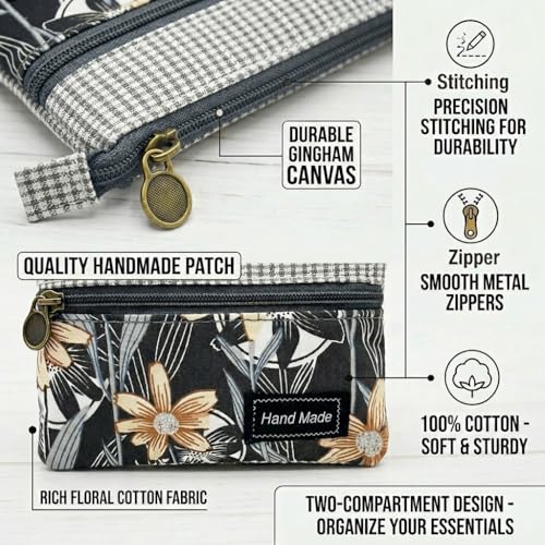 Image of Women Small Zipper Coin Purse, Handmade Fabric Flower Embroidered Change Pouch, Cotton Double Zipper Wallet