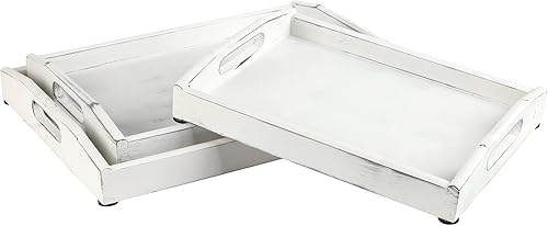 MyGift Juego de 3 bandejas de servir de madera encalada rústica vintage con asas ovaladas recortadas