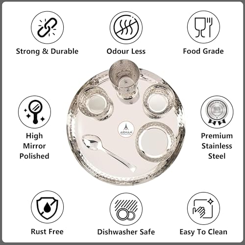 Image of Arham Stainless Steel Dinner Set | 36 Pcs (Big 6 Set) | Premium Heavy Weight Hammered Dinner Set for Gift | 36 Pcs (6 Plate, 6 Halwa Plate,12 Bowl /Wati, 6 Glass, 6 Spoon) | Premium DinnerWare
