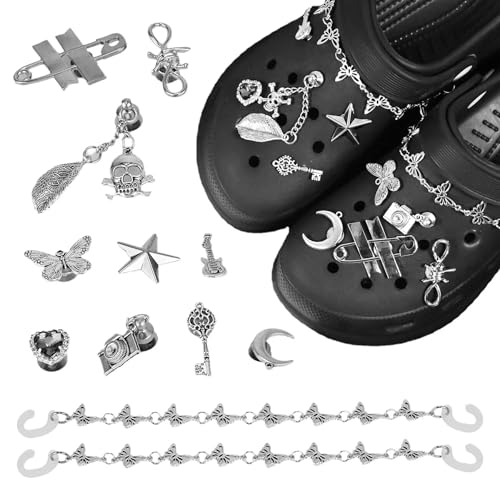 11 PCS Goth Shoe Charms for Women Men - Metal Goth Emo Accessories Punk Y2k charms Y2k Shoes Jewelry Silver Gothic Charms DIY Rivets Shoes Charm Butterfly Sandals Clog Chains for Shoe Decorations