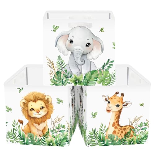 HUUMONSS Boîtes de Rangement Lot de 3 Animaux de La Forêt Paniers de Rangement Cube Lion Girafe Éléphant Enfant Pliables Coffre à Jouets pour Étagères...