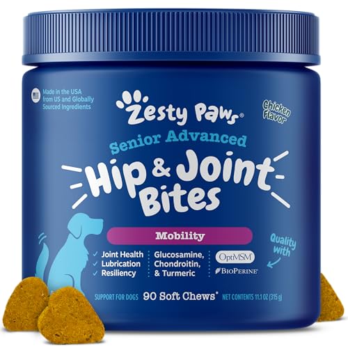 Zesty Paws Mobility Bites Joint Supplement for Dogs - Soft Chews with Glucosamine for Dogs, Chondroitin, & MSM + Vitamins C and E - Adv Chicken - 90 Count