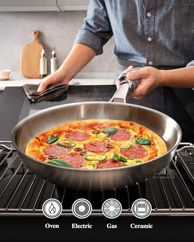 Image of VocVoi Stainless Steel Pan, 12 Inch with Lid Stainless Steel Frying Pan