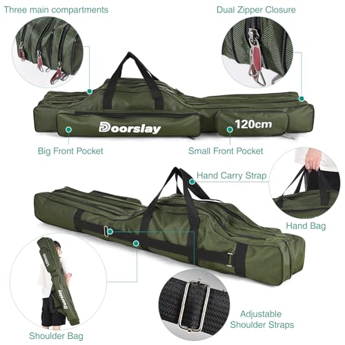 doorslay Fishing Rod Case Three Layers Fishing Rod Bag Oxford Portable Folding Fishing Pole Bag Outdoor Waterproof Tackle Storage Travel Bags Carry Organizer for Fishing Camping Hiking - Thumbnail 5