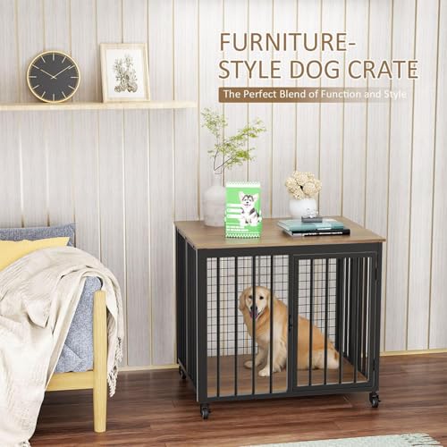 32" Medium Dog Crate Furniture Style with Wheels,Foldable Dog Crate End Table for Small/Medium Size Dogs,Indestructible Dog Cage Furniture Style Chew Proof No Assembly - Image 4