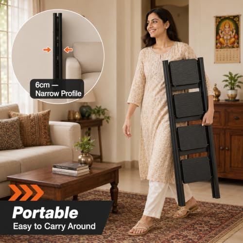 Image of Equal 4 Step Advance Foldable Step Ladder for Home | Carbon Steel | Wide Anti-Slip Steps | 150 Kg Capacity | 3 Year Warranty | Grey