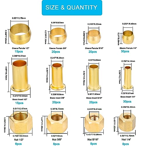 Breezliy 200PCS SLEEVES FERRULES,INSERT&NUTS 1/4", 3/8", 5/16", 1/2 Inch Od Brass Compression Insert,Sleeve Ferrule,Nut 200Pcs thumb #1