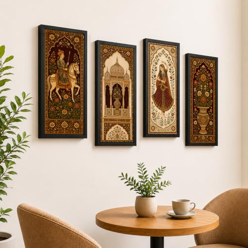 Image of PAINTINGMANTRA Royal Mughal Heritage Framed Wall Art Painting For Living Room | Rajasthani Palace Arch Poster with Frame for Wall, Decoration item for Bedroom, Home, Set of 4, Size- 9.5x19.5 Inch