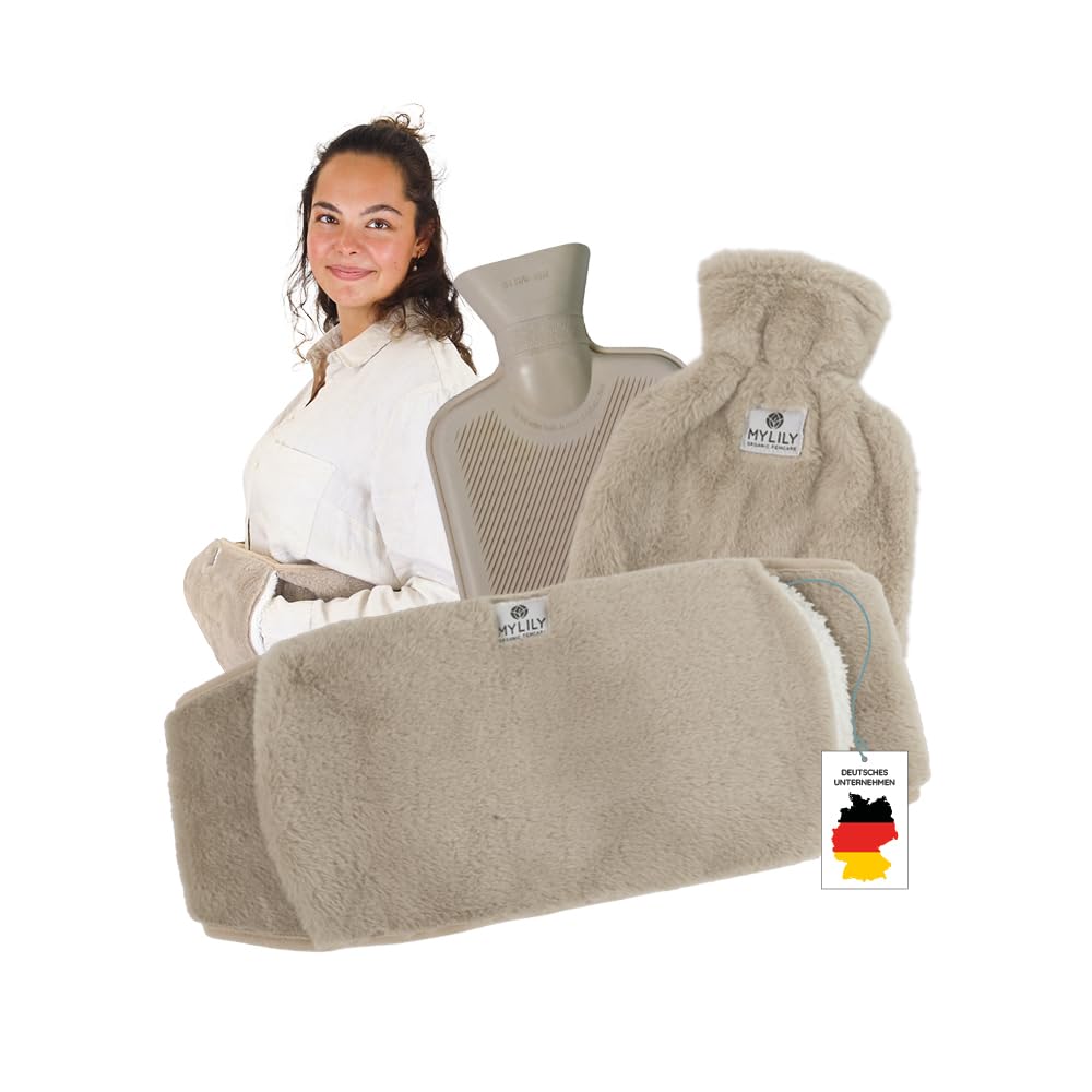 MYLILY Wärmflaschengürtel für Bauch & Periode, 1 l, Naturkautschuk, Beige | 3-in-1, 130 cm Klettgürtel, Naturkautschuk BPA-frei, bei Regelschmerzen, Hände frei, vordere Tasche, Plüschbezug, waschbar