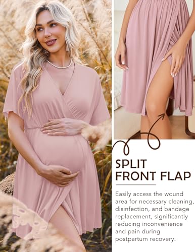 Image of Ekouaer 3 in 1 Labor and Delivery Gown for Hospital Short Sleeve Maternity Nursing Dress Nightgown Postpartum Sleepwear