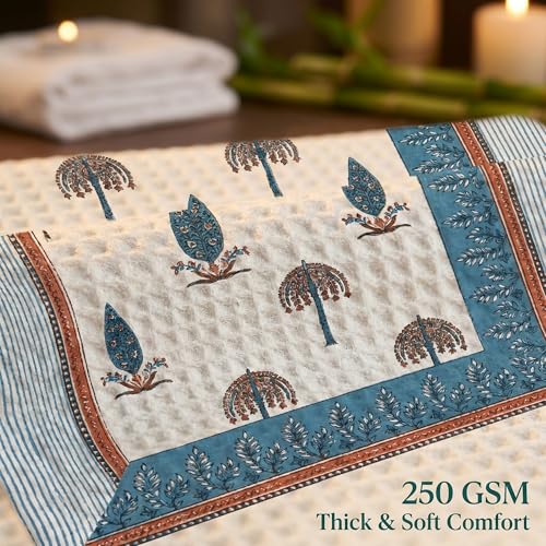 Image of Mafatlal Madhuban Soft Cotton Bath & Hand Set (1 Bath 147x76 cm + 2 Hand 76x38 cm) | 250 GSM | Absorbent, Floral Hand Print | Lagoon
