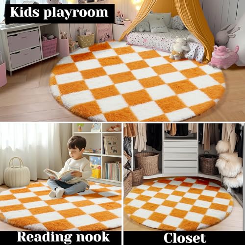 Image of KICMOR Round Rug 4ft Orange and Cream White Circle Area Rug, Fluffy Soft Fuzzy Shag Shaggy Bedroom Living Room Carpet, Indoor Checkered Circular Rug for Kids Boys Girls Home Decor Aesthetic, Nursery