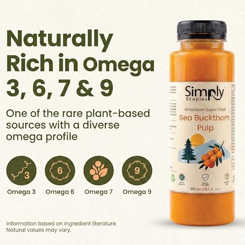 Image of Simply Staples Sea Buckthorn Pulp 300ml | 100% Pure Himalayan Berries | Rich in Omega 3 6 7 9 | No Sugar No Preservatives | Cold Processed Ayurvedic Fruit Pulp