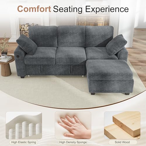 Image of Hanherry 81 inch Sectional Couch with Pull Out Sofa Bed,Corduroy Sleeper Sofa with Storage Ottoman & USB Charging,Comfy L Shaped Modular Couches for Living Room,Apartment
